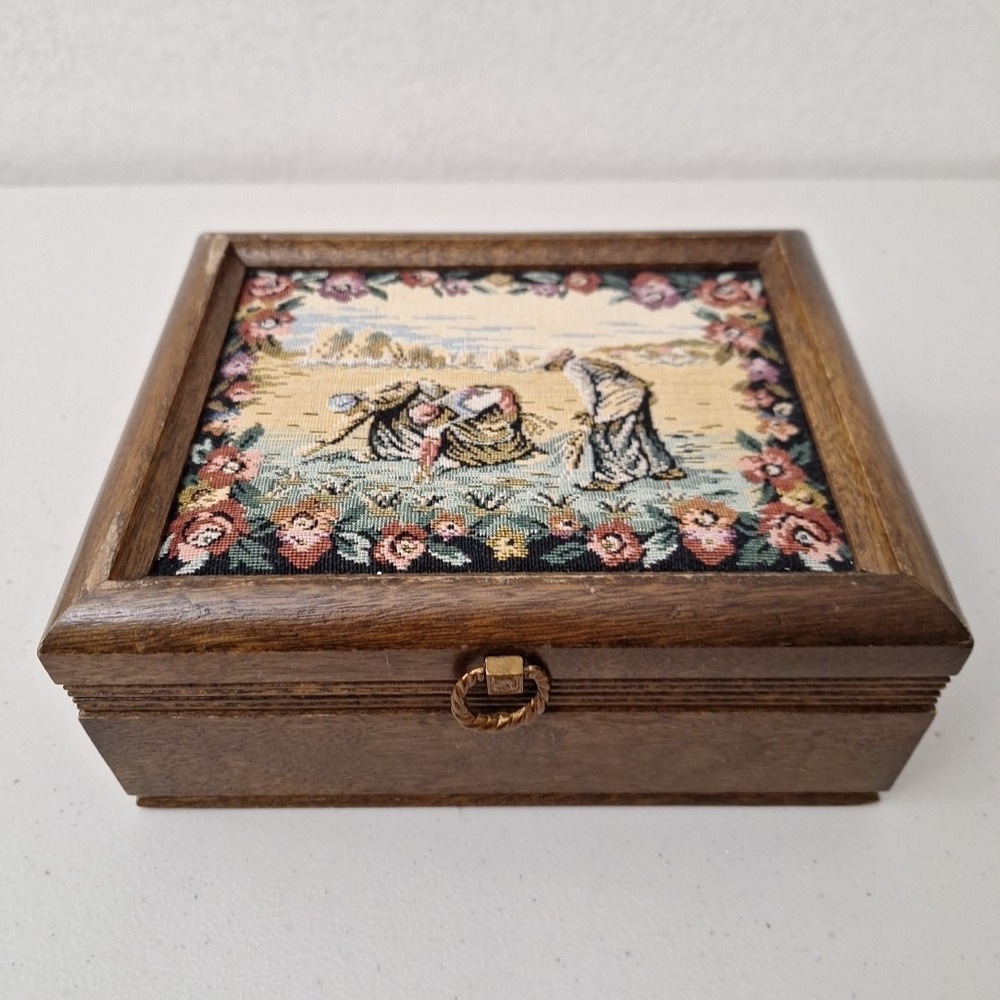 Vintage Tapestry Jewelry Box Art Floral Women Working Field Country Farmhouse
